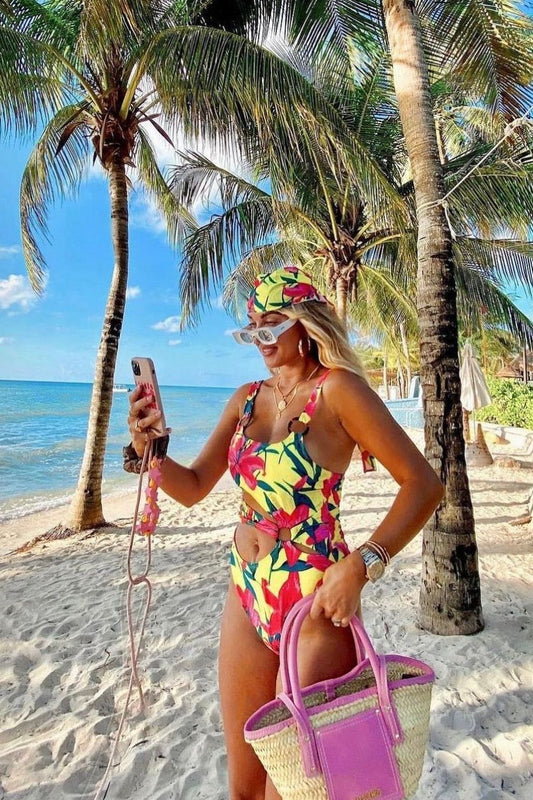 YELLOW TROPICAL CUT OUT SWIMSUIT